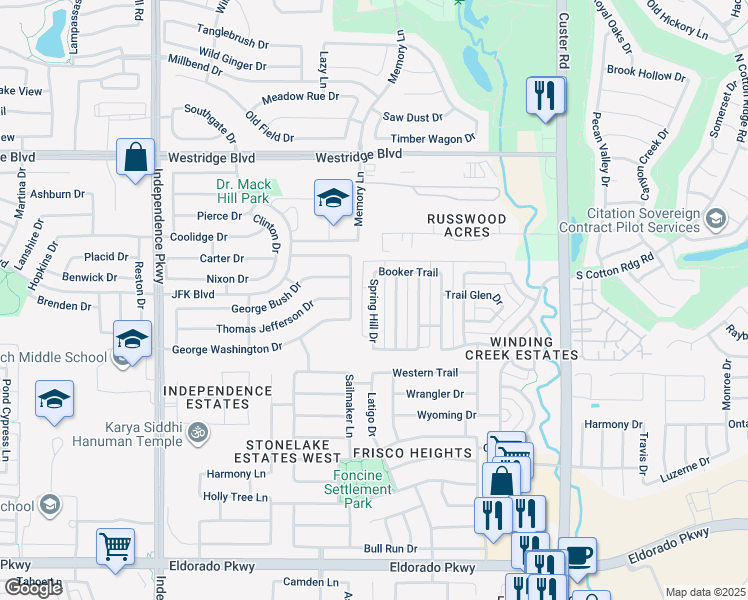 map of restaurants, bars, coffee shops, grocery stores, and more near 12940 Spring Hill Drive in Frisco