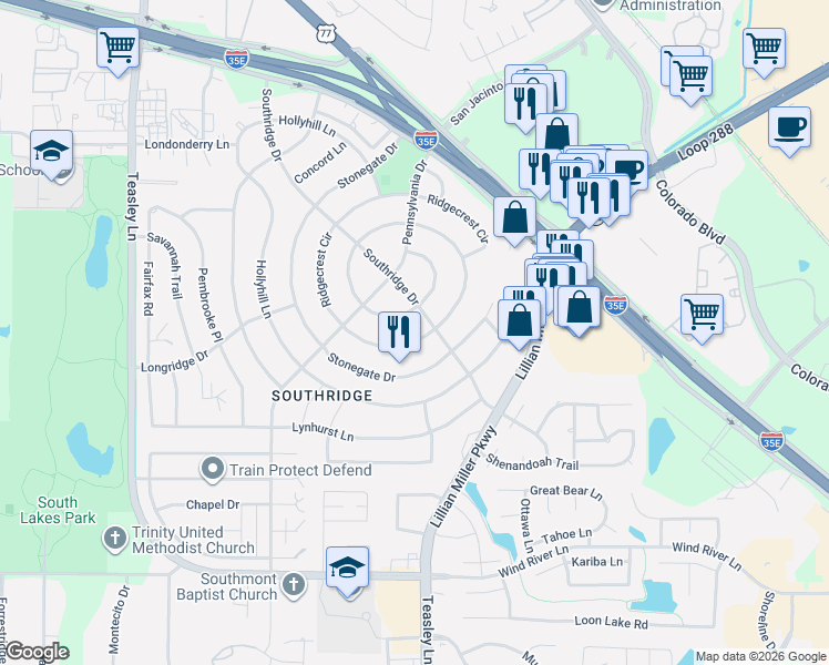 map of restaurants, bars, coffee shops, grocery stores, and more near 2401 Southridge Drive in Denton