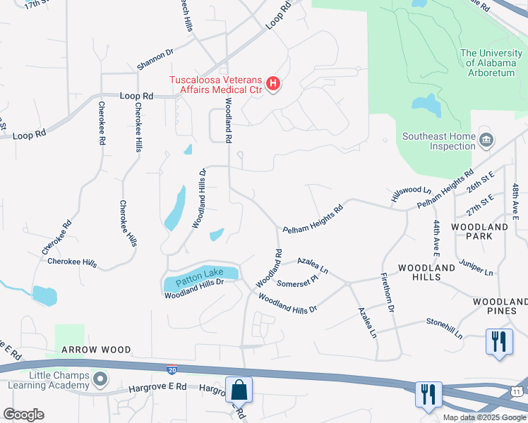 map of restaurants, bars, coffee shops, grocery stores, and more near Woodland Road in Tuscaloosa