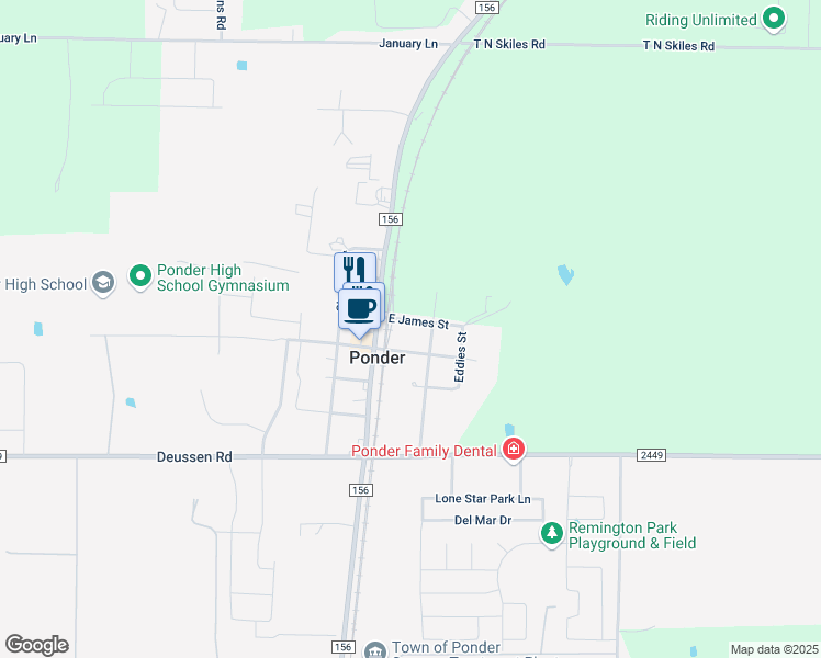 map of restaurants, bars, coffee shops, grocery stores, and more near 104 East James Street in Ponder