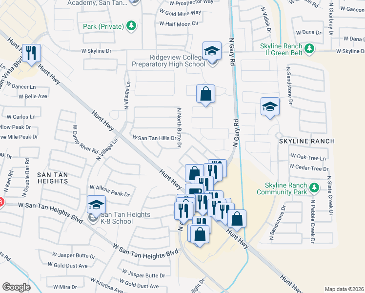 map of restaurants, bars, coffee shops, grocery stores, and more near 33541 North North Butte Drive in Queen Creek