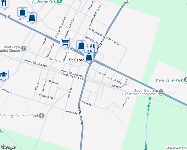 map of restaurants, bars, coffee shops, grocery stores, and more near 102 East George Street in Saint George