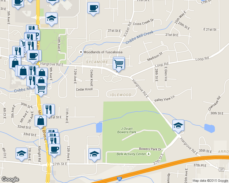 map of restaurants, bars, coffee shops, grocery stores, and more near in Tuscaloosa