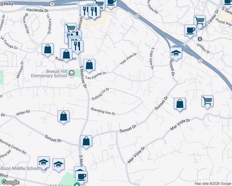 map of restaurants, bars, coffee shops, grocery stores, and more near 754 Rocking Horse Road in Vista