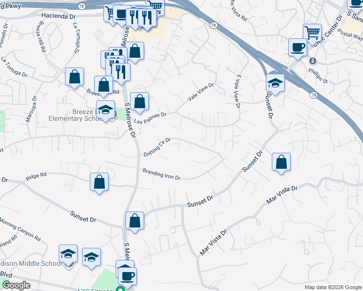 map of restaurants, bars, coffee shops, grocery stores, and more near 754 Rocking Horse Road in Vista