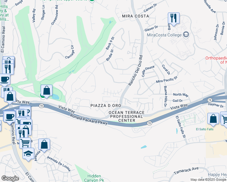 map of restaurants, bars, coffee shops, grocery stores, and more near 3377 Golfers Drive in Oceanside