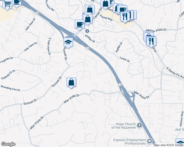 map of restaurants, bars, coffee shops, grocery stores, and more near 1019 Crest View Road in Vista
