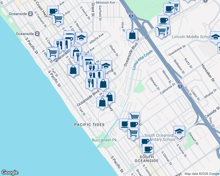 map of restaurants, bars, coffee shops, grocery stores, and more near 707 Oceanside Boulevard in Oceanside
