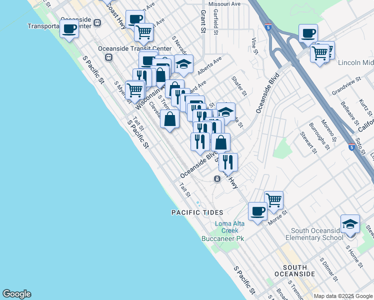 map of restaurants, bars, coffee shops, grocery stores, and more near 1064 South Cleveland Street in Oceanside
