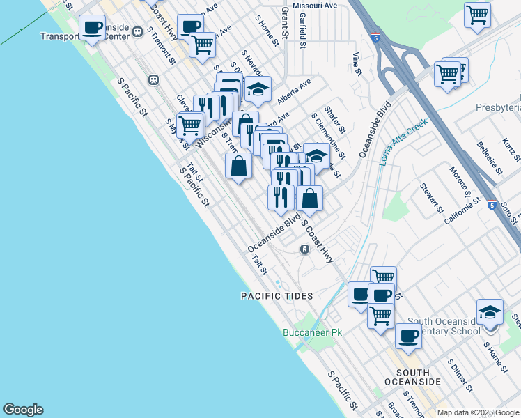 map of restaurants, bars, coffee shops, grocery stores, and more near 1046 Cleveland Street in Oceanside