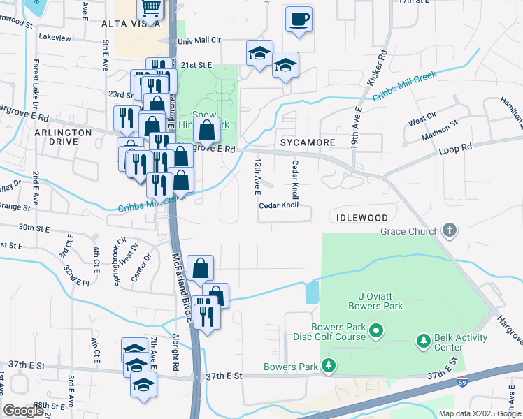 map of restaurants, bars, coffee shops, grocery stores, and more near 18 Elmira Drive in Tuscaloosa