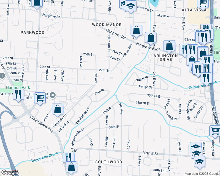 map of restaurants, bars, coffee shops, grocery stores, and more near 406 Prince Acres in Tuscaloosa