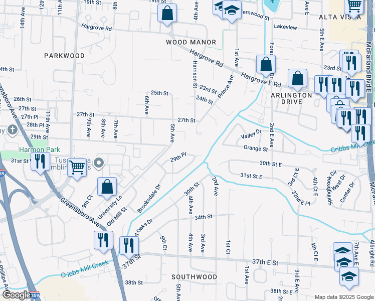 map of restaurants, bars, coffee shops, grocery stores, and more near 406 Prince Acres in Tuscaloosa