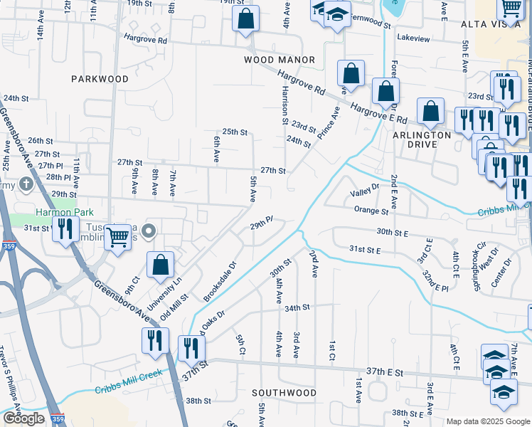 map of restaurants, bars, coffee shops, grocery stores, and more near 406 Prince Acres in Tuscaloosa