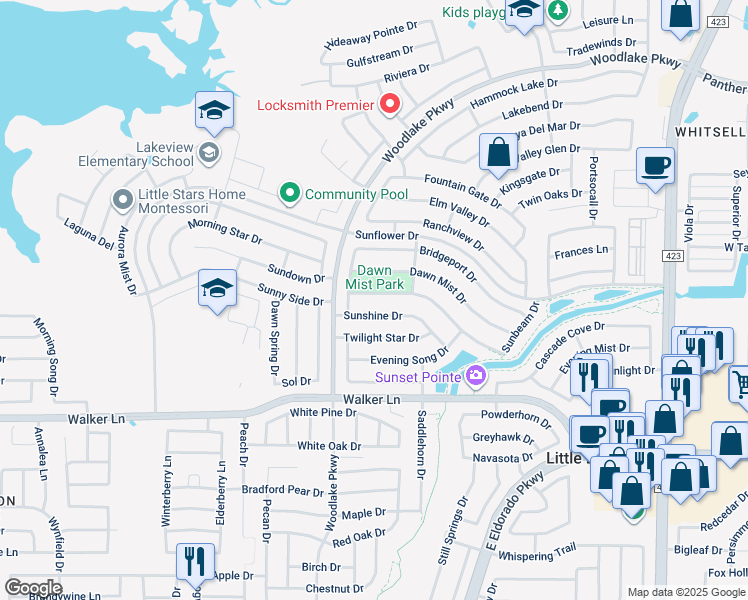 map of restaurants, bars, coffee shops, grocery stores, and more near 2318 Morning Dew Drive in Little Elm