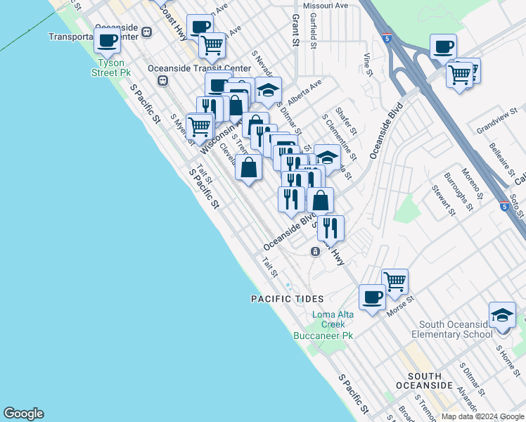 map of restaurants, bars, coffee shops, grocery stores, and more near 1105 South Cleveland Street in Oceanside
