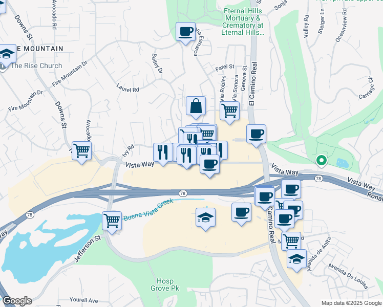 map of restaurants, bars, coffee shops, grocery stores, and more near 2530 Vista Way in Oceanside