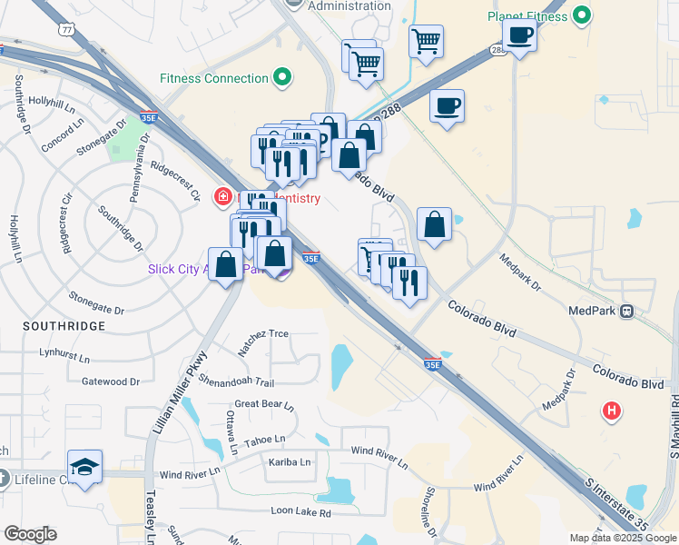 map of restaurants, bars, coffee shops, grocery stores, and more near 2411 Interstate 35E in Denton
