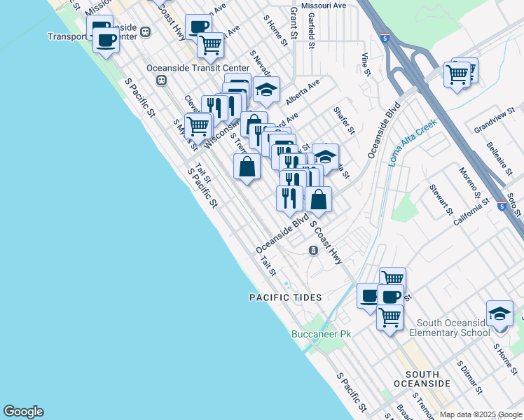 map of restaurants, bars, coffee shops, grocery stores, and more near 1046 Cleveland Street in Oceanside
