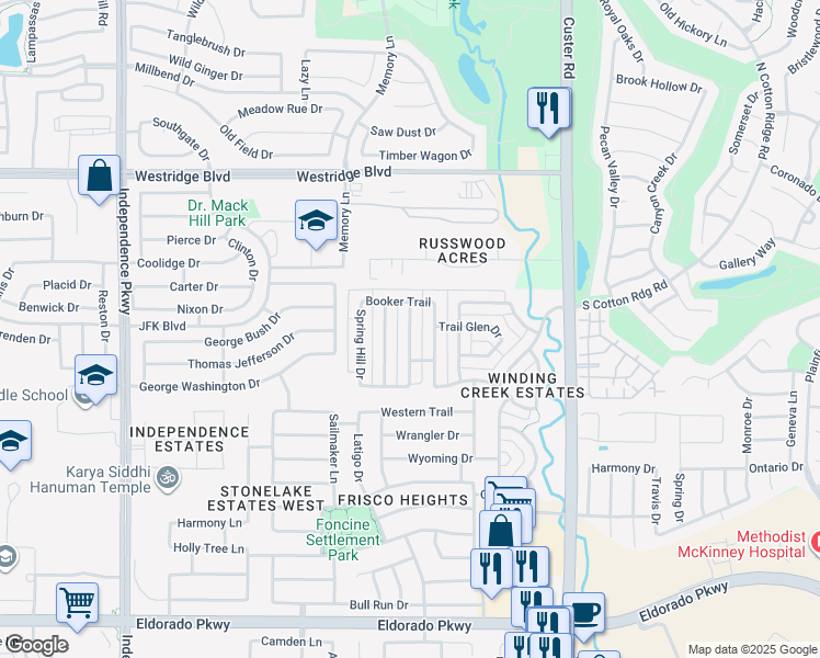 map of restaurants, bars, coffee shops, grocery stores, and more near 12958 Early Wood Drive in Frisco