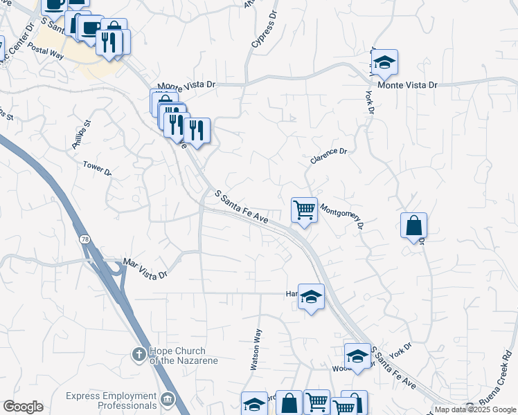map of restaurants, bars, coffee shops, grocery stores, and more near 1470 South Santa Fe Avenue in Vista