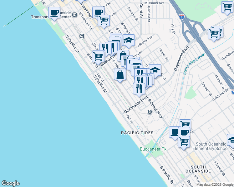 map of restaurants, bars, coffee shops, grocery stores, and more near 1018 South Myers Street in Oceanside