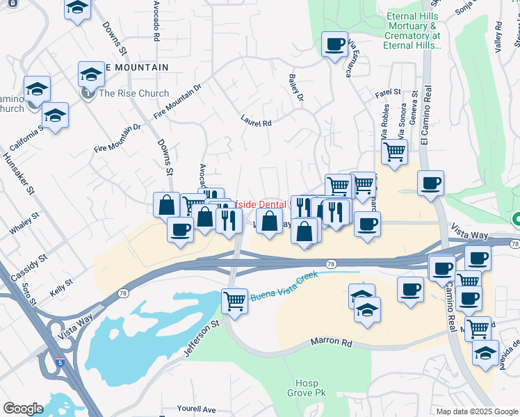 map of restaurants, bars, coffee shops, grocery stores, and more near 2275 Ivy Road in Oceanside