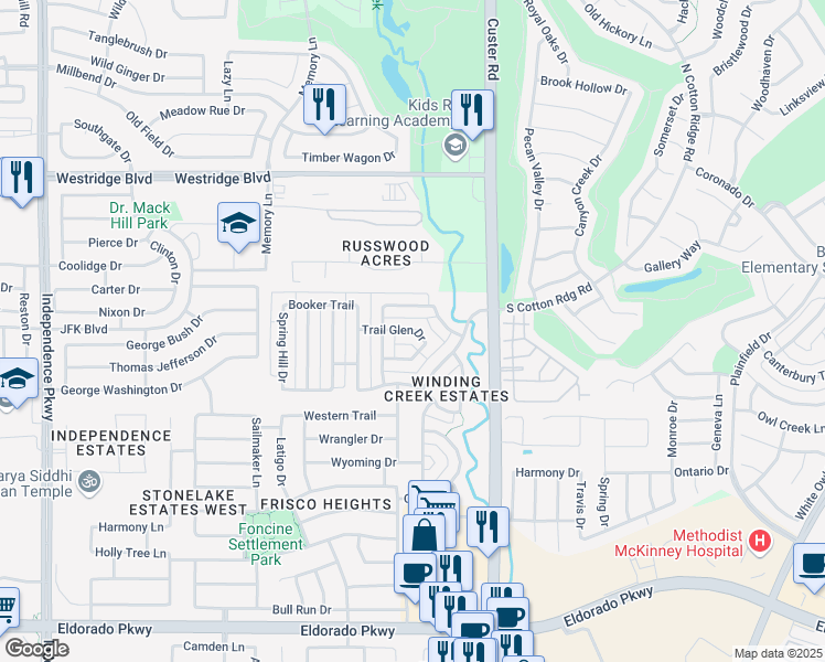 map of restaurants, bars, coffee shops, grocery stores, and more near 15934 Trail Glen Drive in Frisco