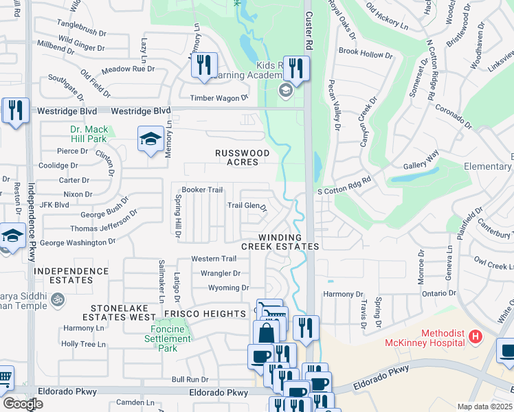 map of restaurants, bars, coffee shops, grocery stores, and more near 15910 Trail Glen Drive in Frisco