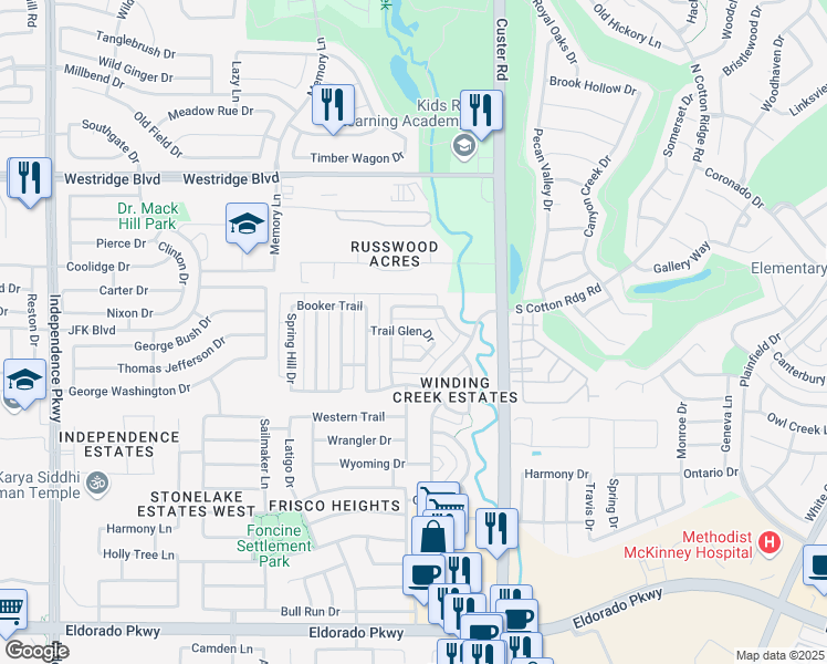 map of restaurants, bars, coffee shops, grocery stores, and more near 15887 Trail Glen Drive in Frisco