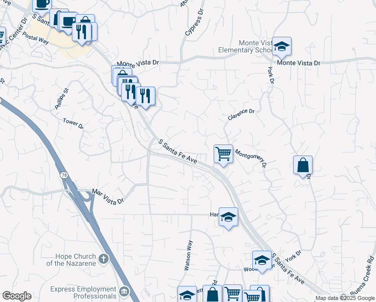 map of restaurants, bars, coffee shops, grocery stores, and more near 1325 Barbara Drive in Vista
