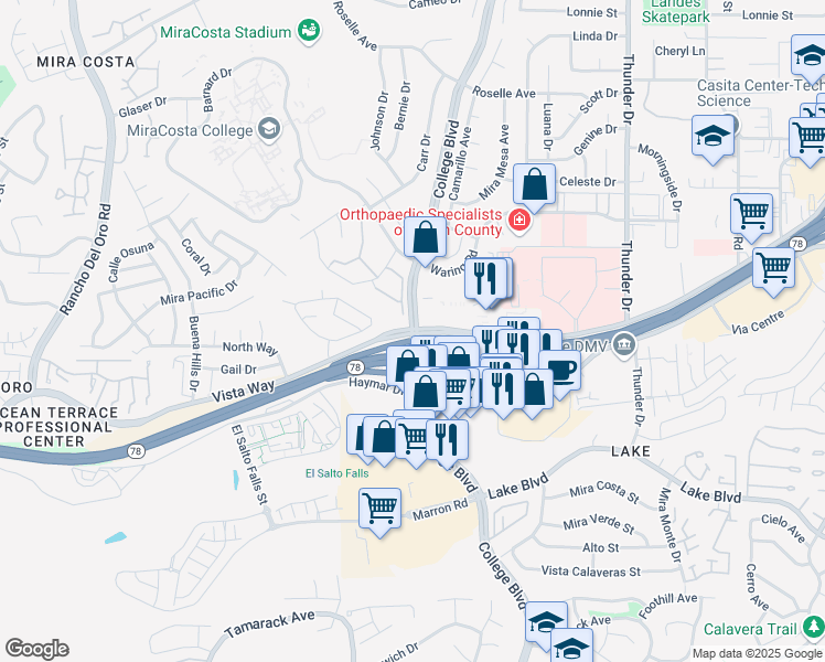 map of restaurants, bars, coffee shops, grocery stores, and more near 3409 College Boulevard in Oceanside