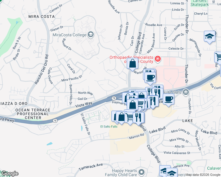 map of restaurants, bars, coffee shops, grocery stores, and more near 3702 Harvard Drive in Oceanside