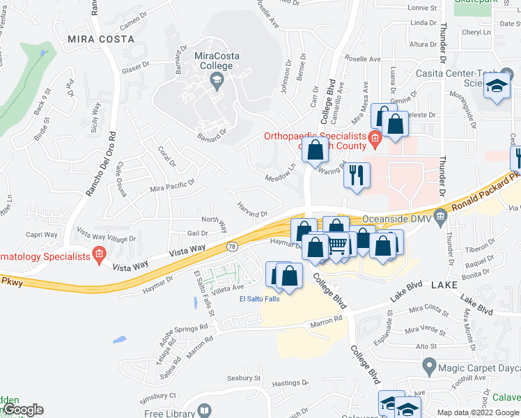 map of restaurants, bars, coffee shops, grocery stores, and more near 3702 Harvard Drive in Oceanside