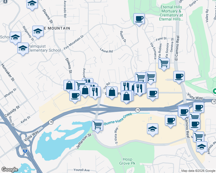 map of restaurants, bars, coffee shops, grocery stores, and more near 2260 Ivy Road in Oceanside