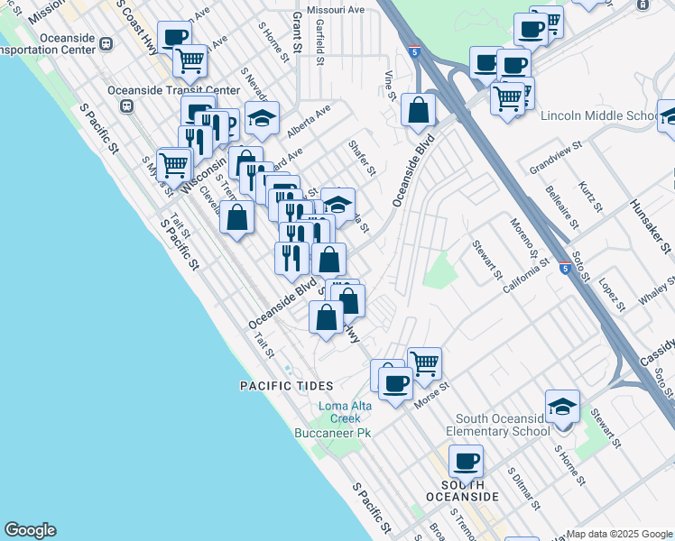 map of restaurants, bars, coffee shops, grocery stores, and more near 707 Oceanside Boulevard in Oceanside