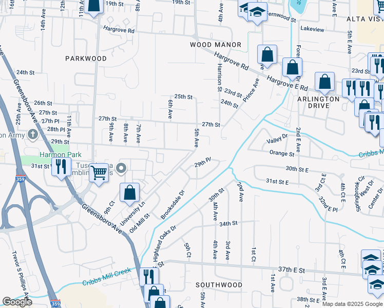map of restaurants, bars, coffee shops, grocery stores, and more near 200 University Lane in Tuscaloosa