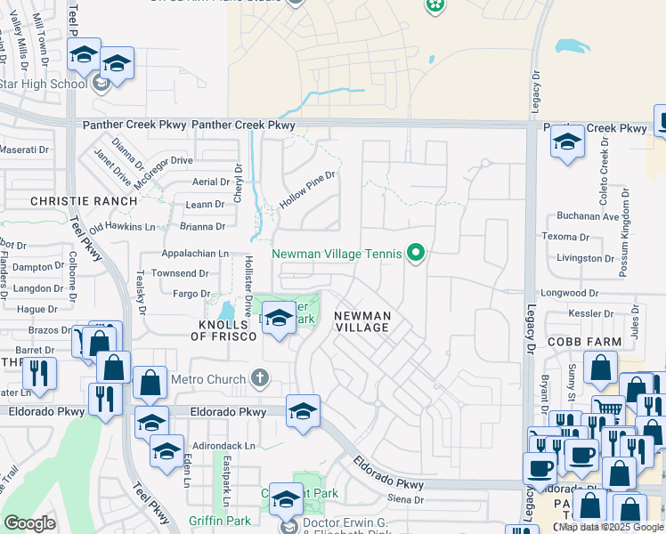 map of restaurants, bars, coffee shops, grocery stores, and more near 3688 Greenbrier Drive in Frisco