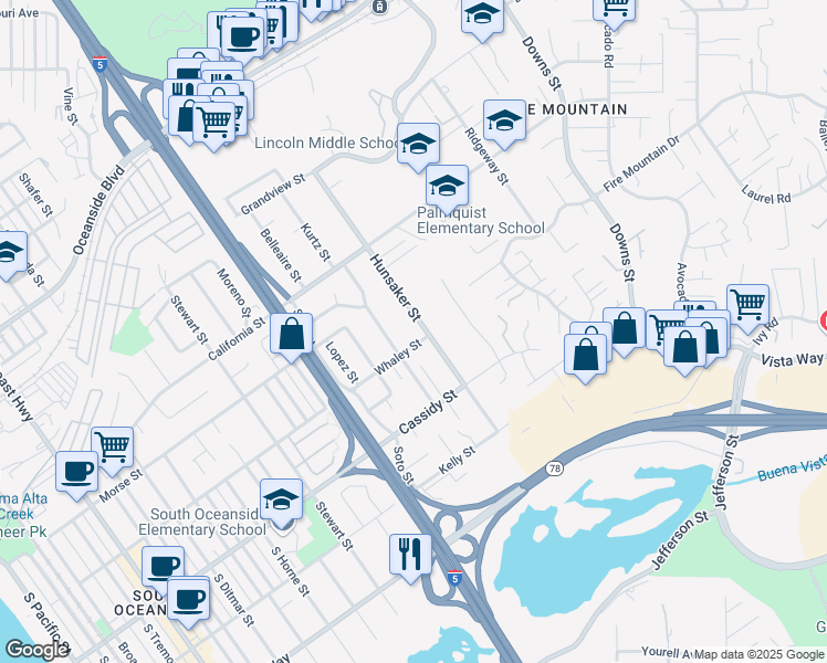 map of restaurants, bars, coffee shops, grocery stores, and more near 1756 Whaley Street in Oceanside