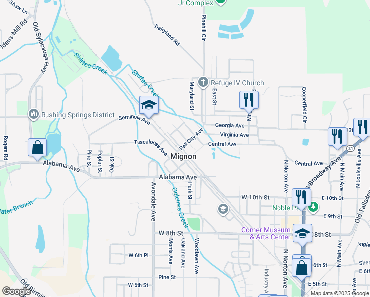 map of restaurants, bars, coffee shops, grocery stores, and more near 20 Cherokee Street in Sylacauga