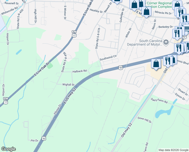 map of restaurants, bars, coffee shops, grocery stores, and more near 1170 U.S. 52 in Moncks Corner
