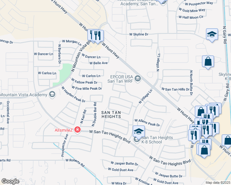 map of restaurants, bars, coffee shops, grocery stores, and more near 2879 West Five Mile Peak Drive in Queen Creek