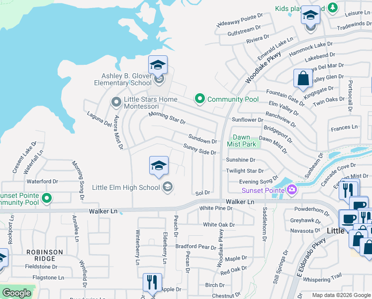 map of restaurants, bars, coffee shops, grocery stores, and more near 2029 Sunny Side Drive in Little Elm