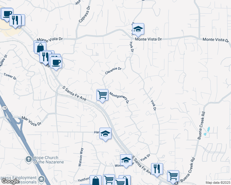 map of restaurants, bars, coffee shops, grocery stores, and more near 1544 La Vine Lane in Vista