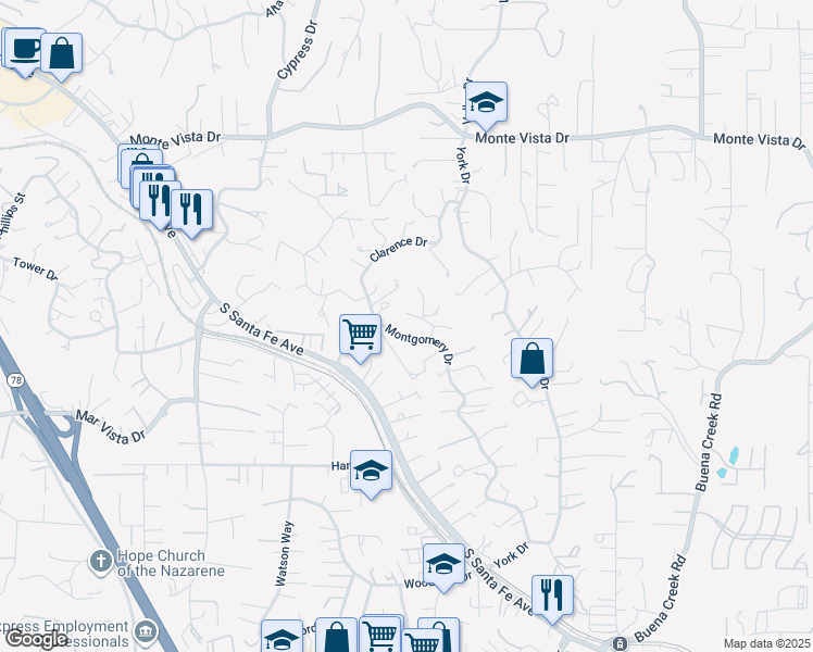 map of restaurants, bars, coffee shops, grocery stores, and more near 1544 La Vine Lane in Vista
