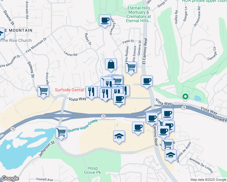 map of restaurants, bars, coffee shops, grocery stores, and more near 2549 Ivy Road in Oceanside