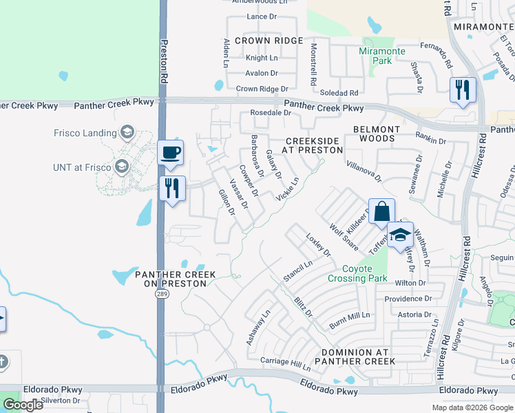 map of restaurants, bars, coffee shops, grocery stores, and more near 12842 Cowper Drive in Frisco