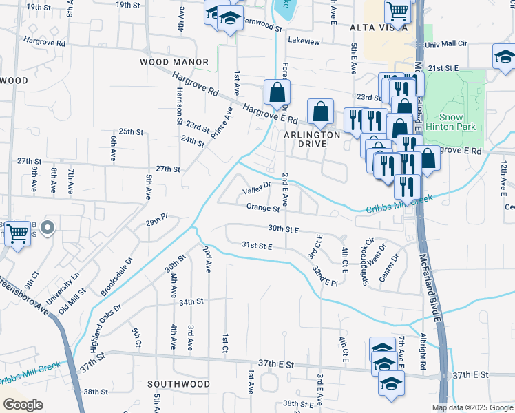 map of restaurants, bars, coffee shops, grocery stores, and more near 102 Orange Street East in Tuscaloosa