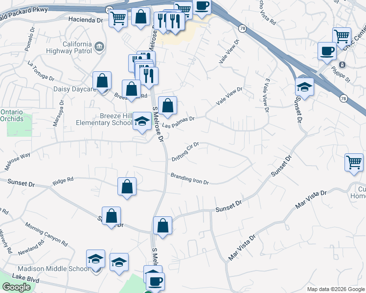 map of restaurants, bars, coffee shops, grocery stores, and more near 746 Blackhawk Circle in Vista