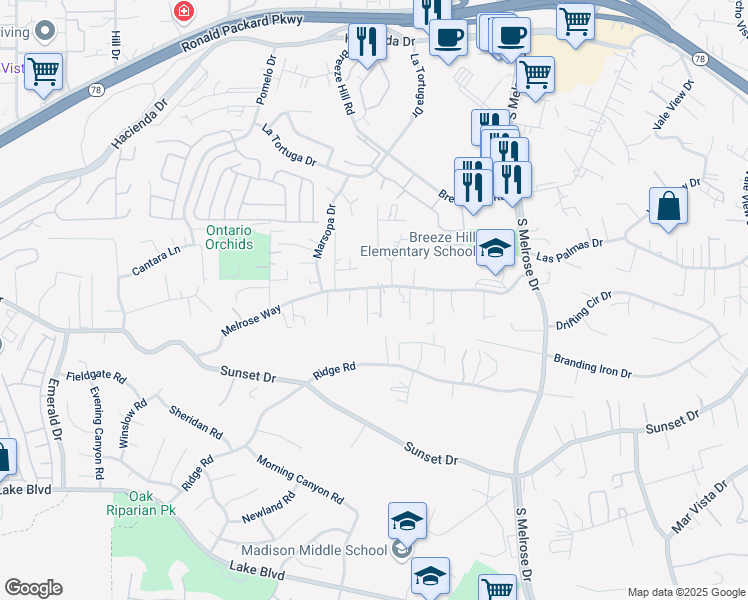 map of restaurants, bars, coffee shops, grocery stores, and more near 1308 Melrose Way in Vista